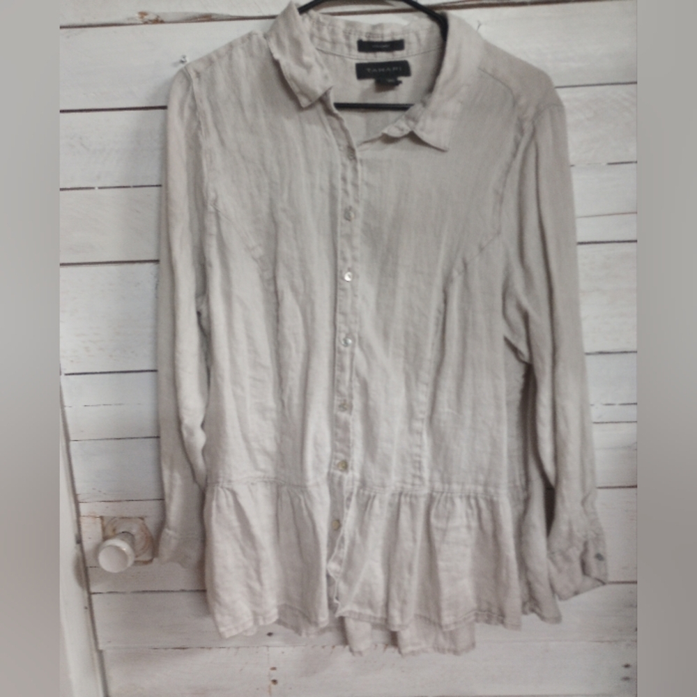 Tahari Greige Linen Shirt Blouse Women's Size 1X Lightweight Peplum Coastal